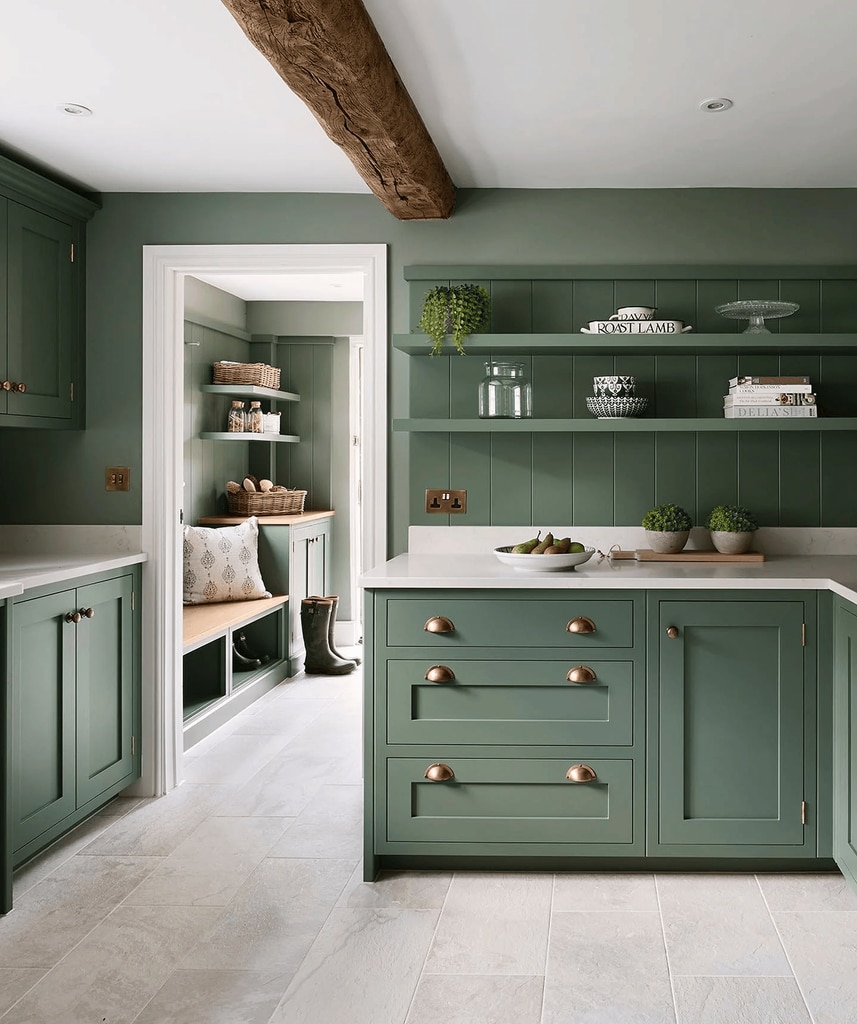 Cocina con muebles de color verde