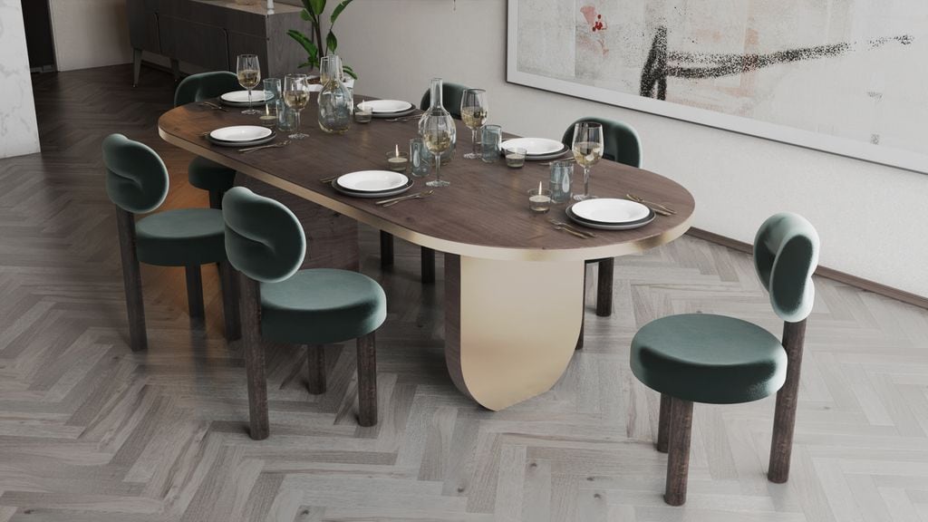 De aire muy lujoso, un comedor con piezas de líneas sinuosas