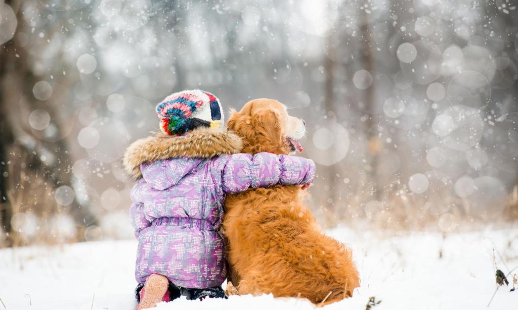 ni a abrazada a su mascota en la nieve