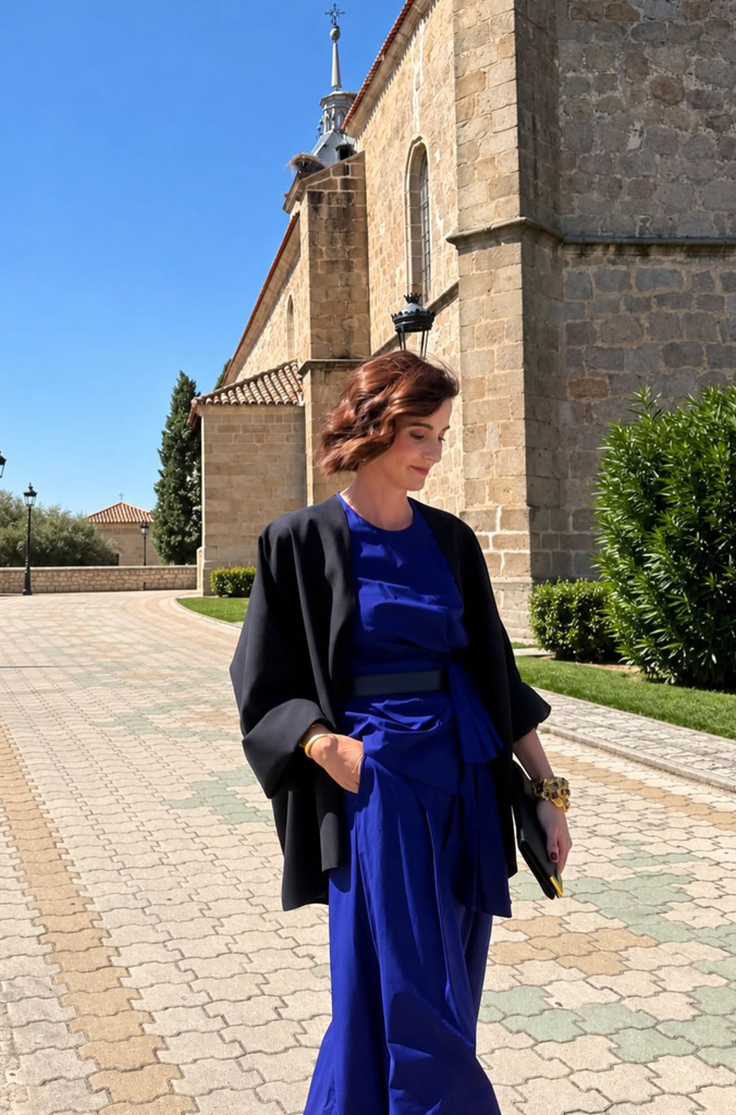 Rosario Domecq, la invitada más discreta, sorprende en una boda familiar con un look azul eléctrico, kimono negro y un brazalete bizantino.