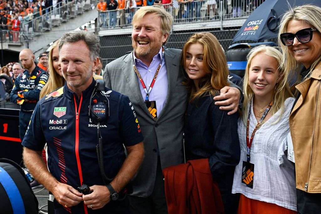 Red Bull Racing's British team principal Christian Horner (L) poses with Dutch King Willem-Alexander (2ndL), Princess Alexia and Dutch Queen Maxima prior to the Dutch Formula One Grand Prix race at The Circuit Zandvoort, in Zandvoort on August 27, 2023. (Photo by JOHN THYS / AFP) (Photo by JOHN THYS/AFP via Getty Images)