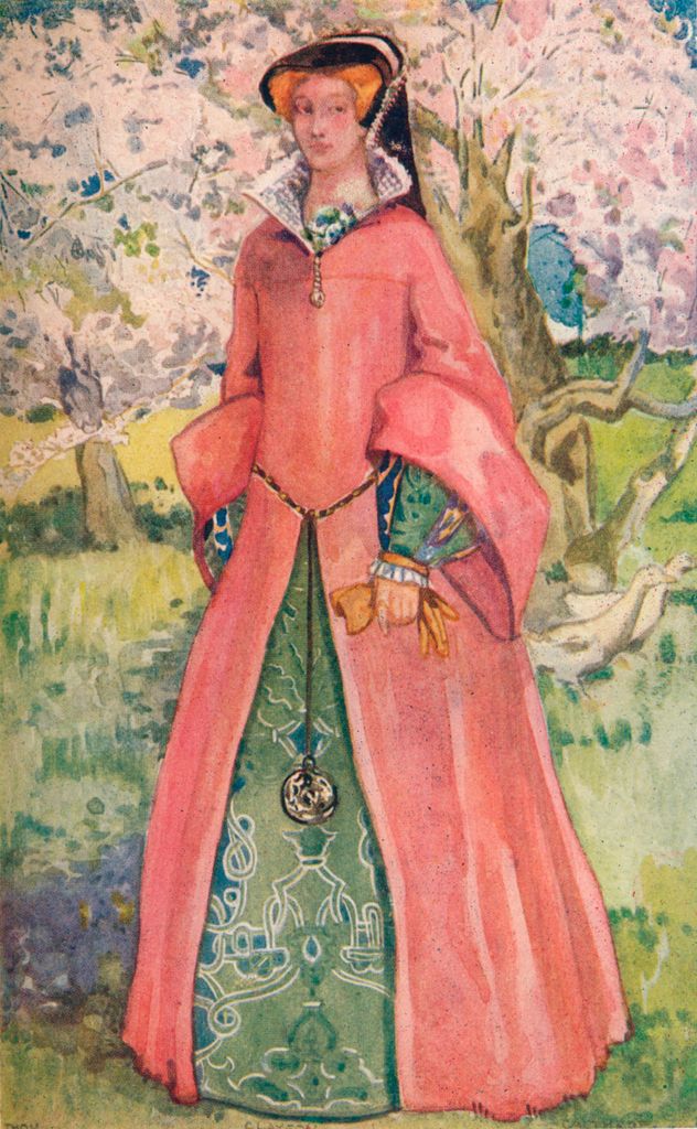 Pintura de una mujer en la época de la reina Mary, sujetando un par de guantes, 1907.