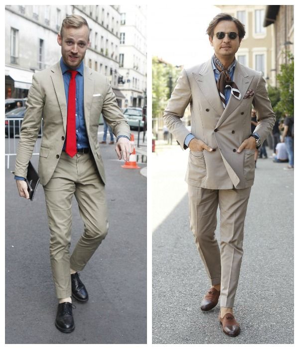Un traje de color arena estilo años 80, con camisa azul y pañuelo de seda en marrón oscuro con estampados.
