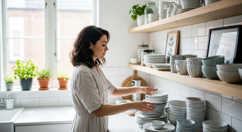 Mujer recogiendo la cocina