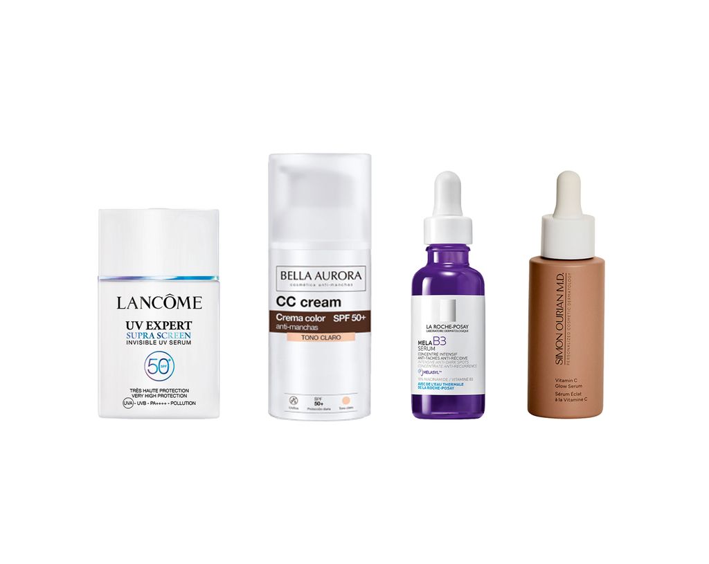 SPF 50+: sérum invisible UV Expert Supra Screen (49 €), de Lancôme.
Con color: CC Cream Antimanchas SPF 50+ (19,95 €), de Bella Aurora.
Despigmentante: sérum con niacinamida Mela B3 (55,60 €), de La Roche-Posay. Antioxidante: Vitamina C Glow Serum (107 €), de Simon Ourian M.D.
