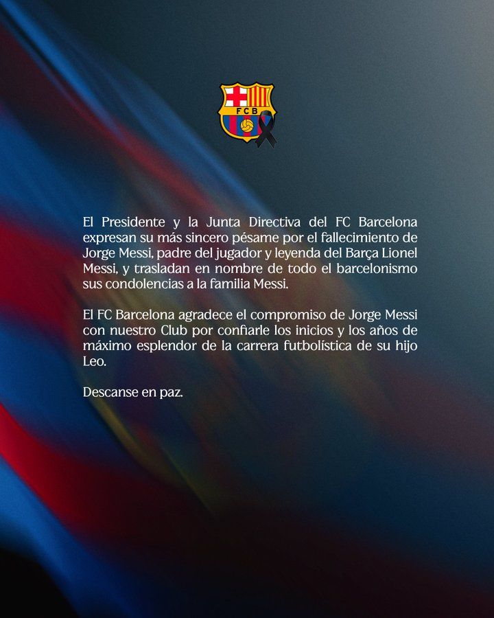 El FC Barcelona expresó sus condolencias a la familia Messi, por la pérdida de Jorge Messi