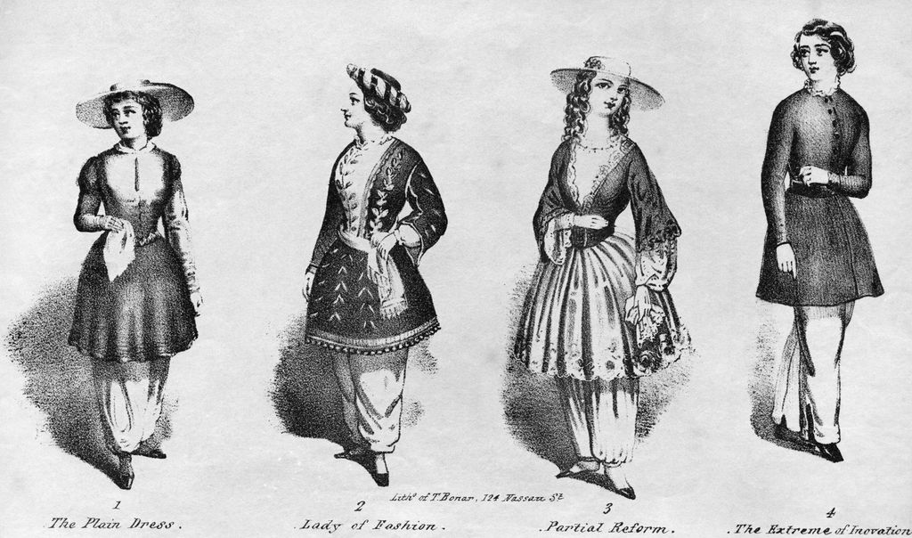 Cuatro ejemplos de mujeres vistiendo 'bloomers', 1850.
