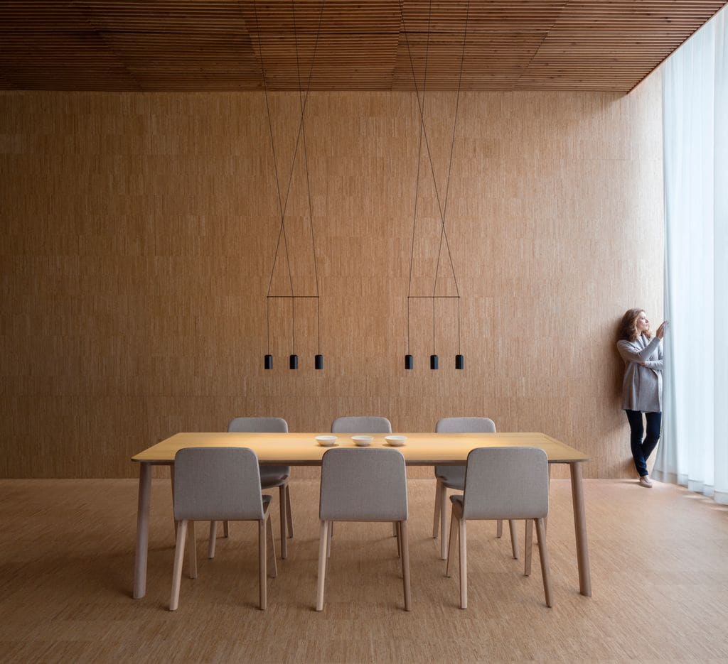 Comedor con dos lámparas de techo minimalistas