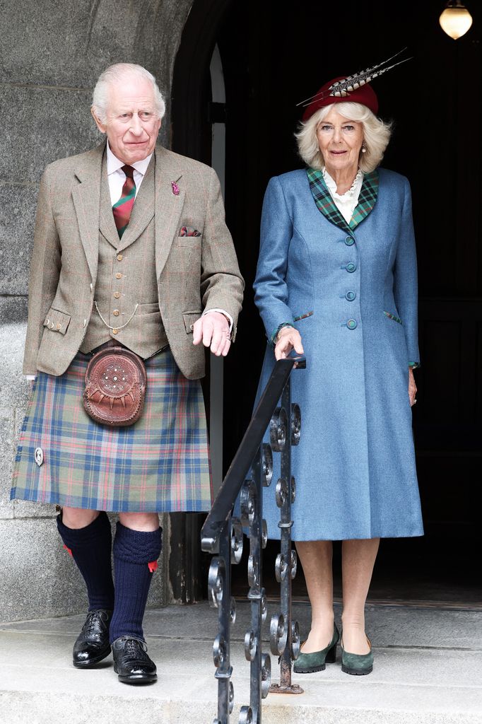 ritain's King Charles III and Britain's Queen Camilla leave after attending a service at Crathie Kirk, near Balmoral, in which a new piece of music by Paul Mealor was performed to mark the royal couple's 20th wedding anniversary, on April 13, 2025. (Photo by Paul Campbell / POOL / AFP) (Photo by PAUL CAMPBELL/POOL/AFP via Getty Images)          