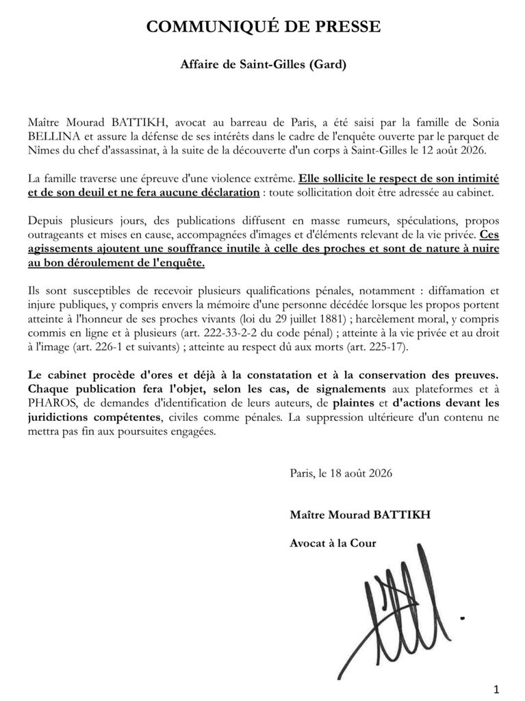 El comunicado de prensa en francés publicado por el propio abogado de la familia en sus redes sociales