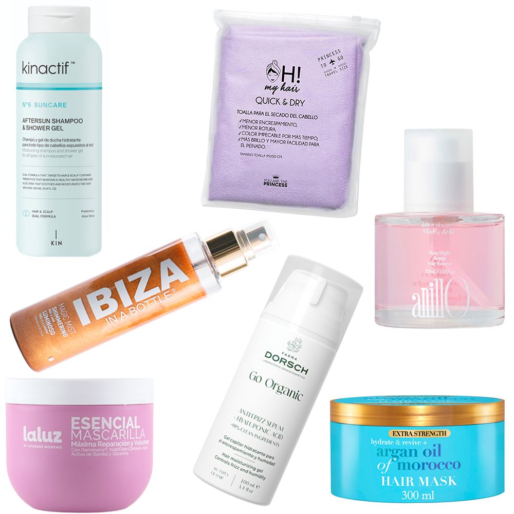 1) Kinactif nº6 Suncare Shampoo, Kin Cosmetics / 2) Toalla de secado rápido en formato viaje, You Are The Princess / 3) Bruma corporal y capilar 'Magic mist', Ibiza In a Bottle / 4) Mascarilla para pelo dañado, seco o sin brillo, Laluz by Lourdes Moreno / 5) Antifrizz Sérum con ácido hialurónico, Farma Dorsc / 6) Mascarilla 'Hidrata y Repara', OGX / 7) Esencia capilar nutritiva con aceite de rosa mosqueta, Anillo