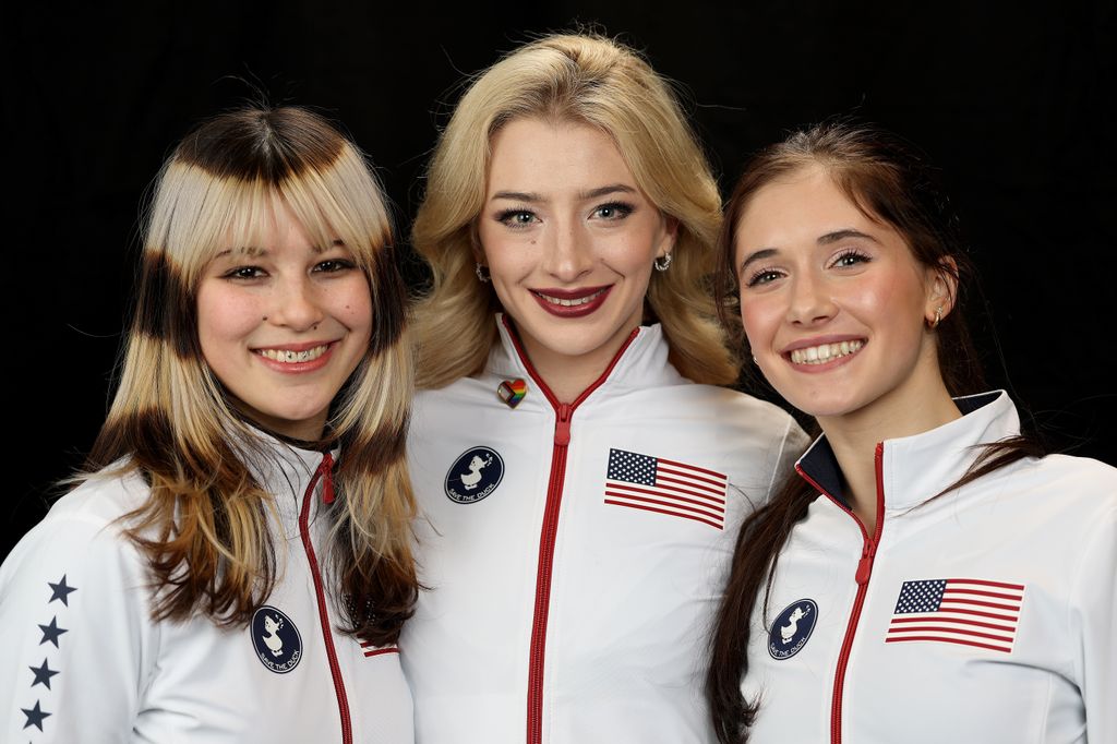 ST LOUIS, MISSOURI - JANUARY 11: Alysa Liu, Amber Glenn, and Isabeau Levito pose for a portrait after making the United States Figure Skating Olympic Team at the Enterprise Center on January 11, 2026 in St Louis, Missouri. (Photo by Matthew Stockman/Getty Images)