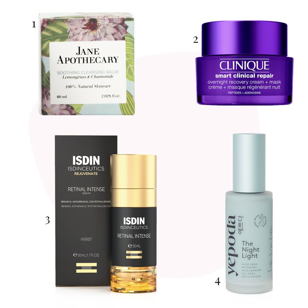 1) 'Comforting & Soothing Cleansing Balm', Jane Apothecary / 2) 'Smart Clinical Repair - Overnight Recovery Cream', Clinique / 3) 'Retinal Intense - Isdinceutics', Isdin / 4) 'The Night Light', Yepoda