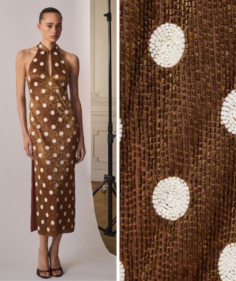 Vestido halter de topos y pedrería, de Mango
