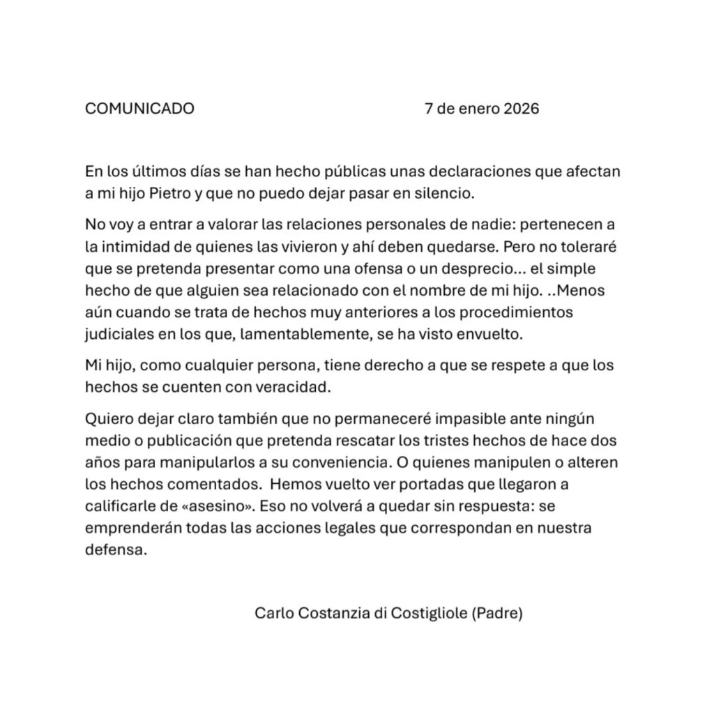 Comunicado de Carlo Costanzia di Costigliole