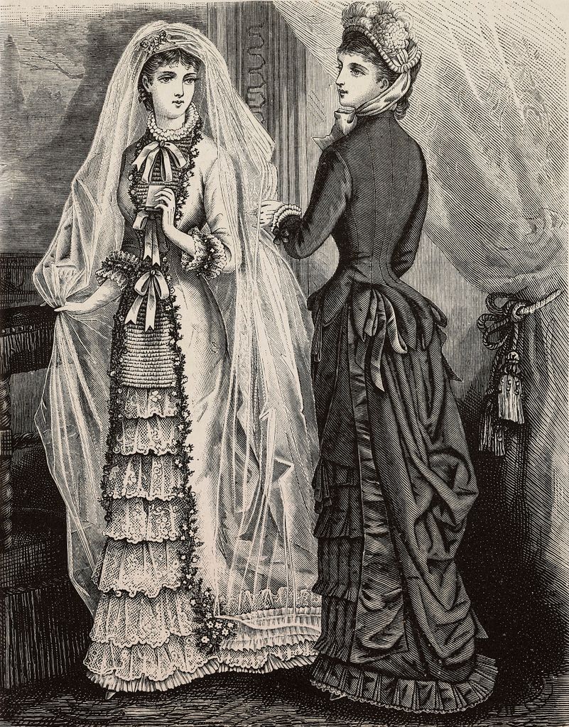 Mujer con vestido de novia de faille, satén y cachemir indio, en un grabado de 1881