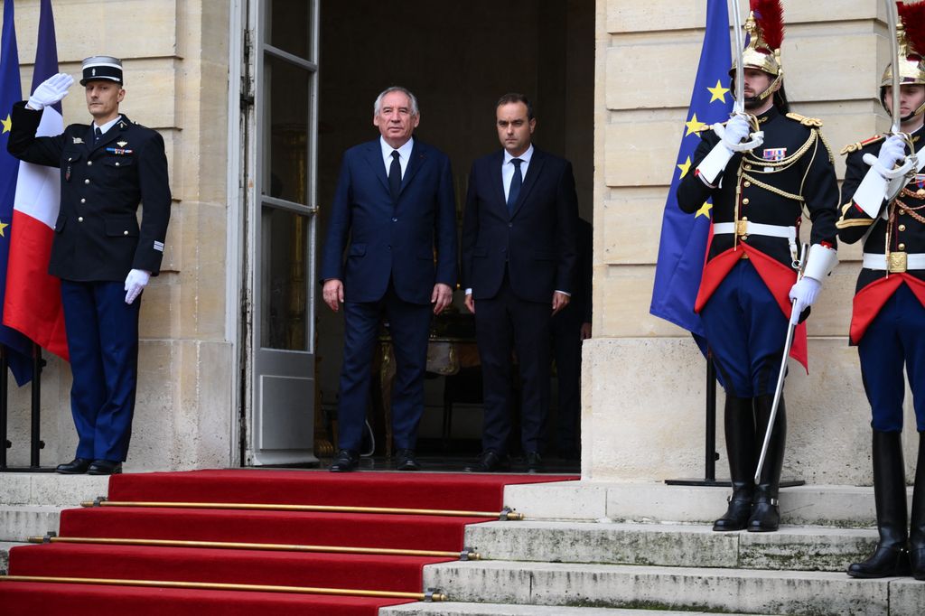 French outgoing Prime Minister Francois Bayrou and newly appointed Prime minister Sebastien Lecornu pictured during handover ceremony at the Hotel de Matignon in Paris, on September 10, 2024.