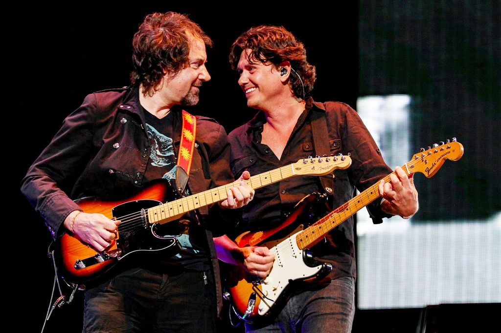 MEXICO CITY, MEXICO - MAY 26:  Guitarrist Alejandro Marcovich and singer Saul Hernandez of Caifanes perform during the Wirikuta Fest 2012 at Foro Sol on May 26, 2012 in Mexico City, Mexico.  (Photo by Victor Chavez/WireImage)
