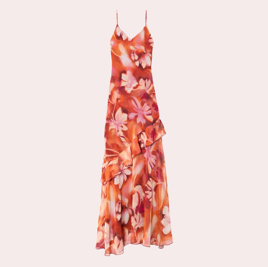 Vestido midi de tirantes con volante y corte lencero Naranja The-Are