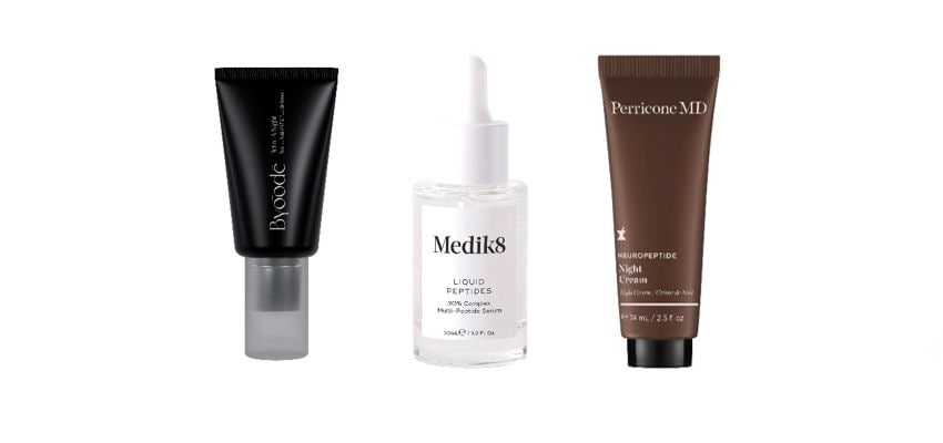 De izquierda a derecha: Retin-A Night, de Byoode (75 euros), con el péptido Algaktiv Collage y otros activos como retinal y retinart, factores de crecimiento, vitaminas C y E, ácido hialurónico o niacinamida; Liquid Peptides, de Medik8 (73 euros), "cuajado de péptidos, entre los que está el Matrixyl 3000, Liquid Peptides combina varios tipos de péptidos que actúan a distintos niveles de la piel", comenta Estefanía Nieto; y Neuropeptide Night Cream, de Perricone MD (168 euros), que como revela Mireia Fernández "combina distintos péptidos con funciones complementarias: unos relajan las arrugas de expresión y otros estimulan la producción de colágeno y elastina". 
