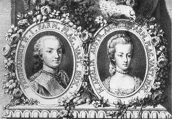 La archiduquesa María Amelia y el duque Fernando, que contrajeron matrimonio el 1 de julio de 1769 en el Palacio Ducal de Colorno, Italia
