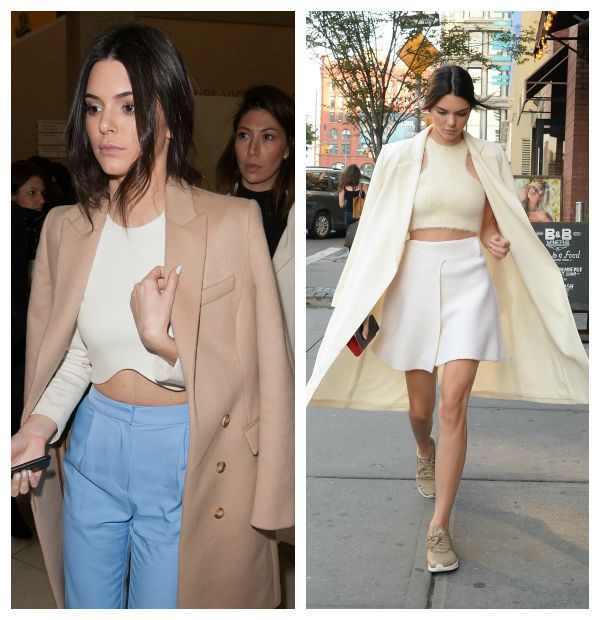 Kendall Jenner con maxiabrigo de color blanco roto.
