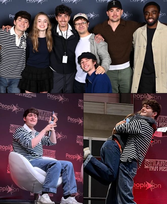 En actor Noah Schnapp, en distintos momentos de su participación en el evento 'Stranger Fan Meet' celebrado en Madrid.