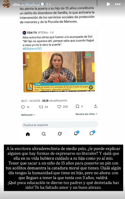 El 'story' que ha compartido Alba Carrillo horas antes de abandonar 'El Sótano'