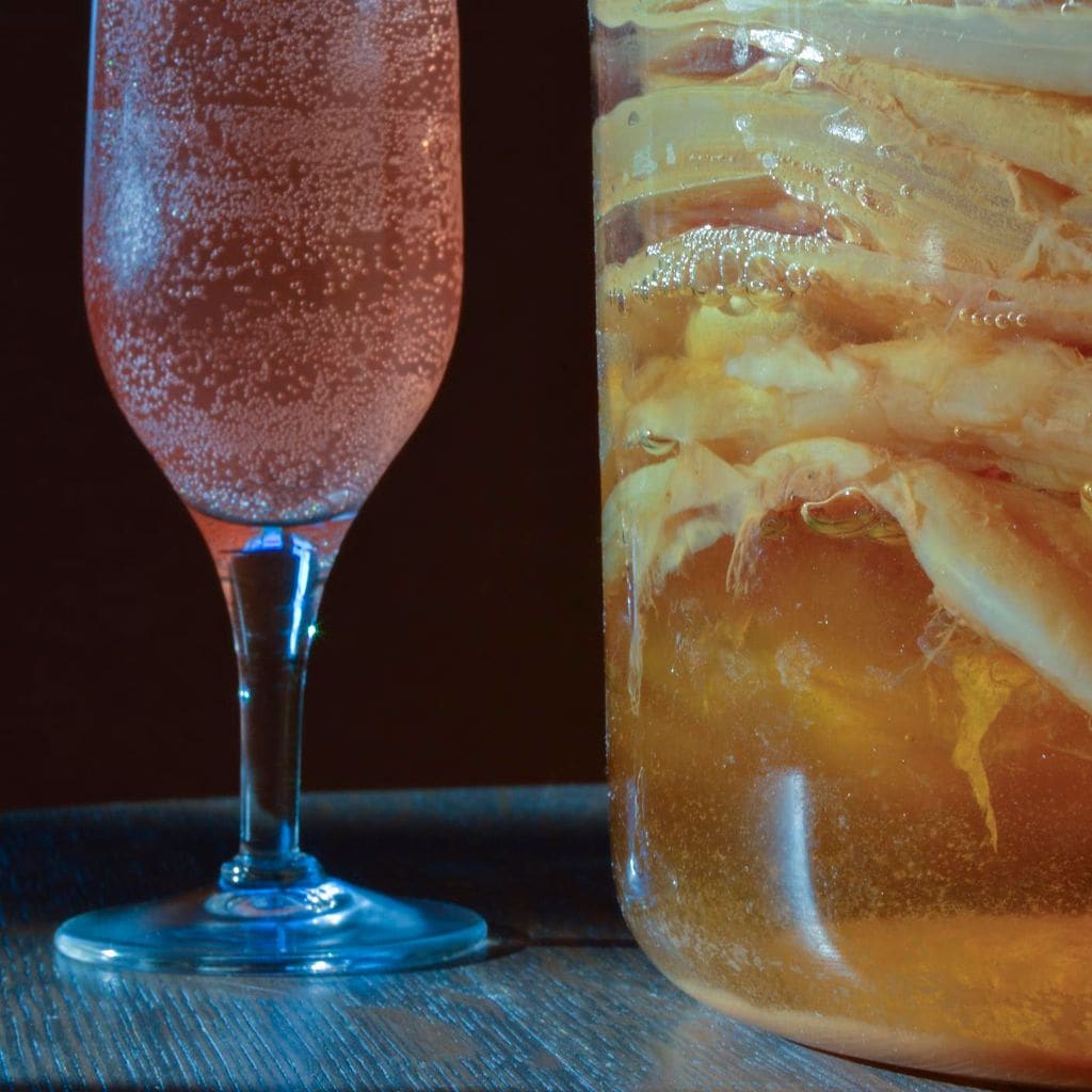 Copa de kombucha junto a frasco con fermento en preparación