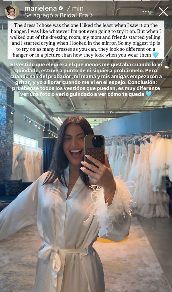 Marielena contó que, curiosamente, el vestido que escogió era el que menos le gustaba, pero cuando ya se lo probó, cambió de opinión.