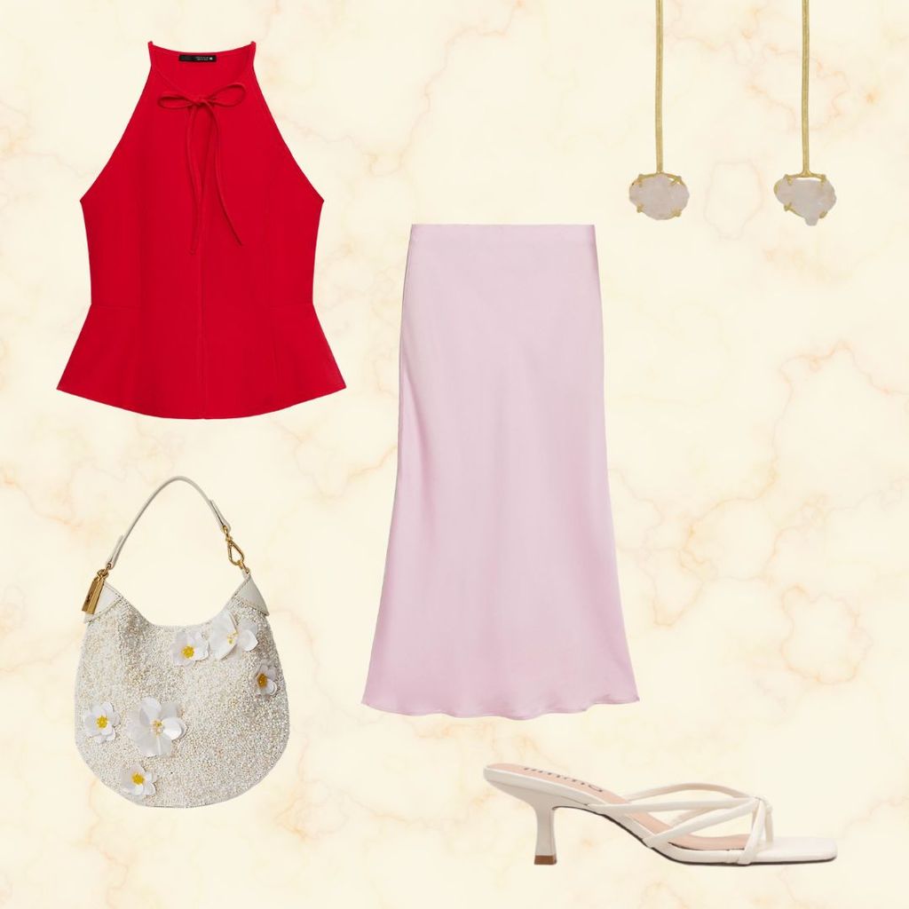 Top de Zara (22,95 euros), falda de Lefties (15,99 euros), pendientes 'Cristalia Rough' de ACUS (40 euros), bolso de Ralph Lauren (249 euros) y sandalia de KRACK (35,95 euros)
