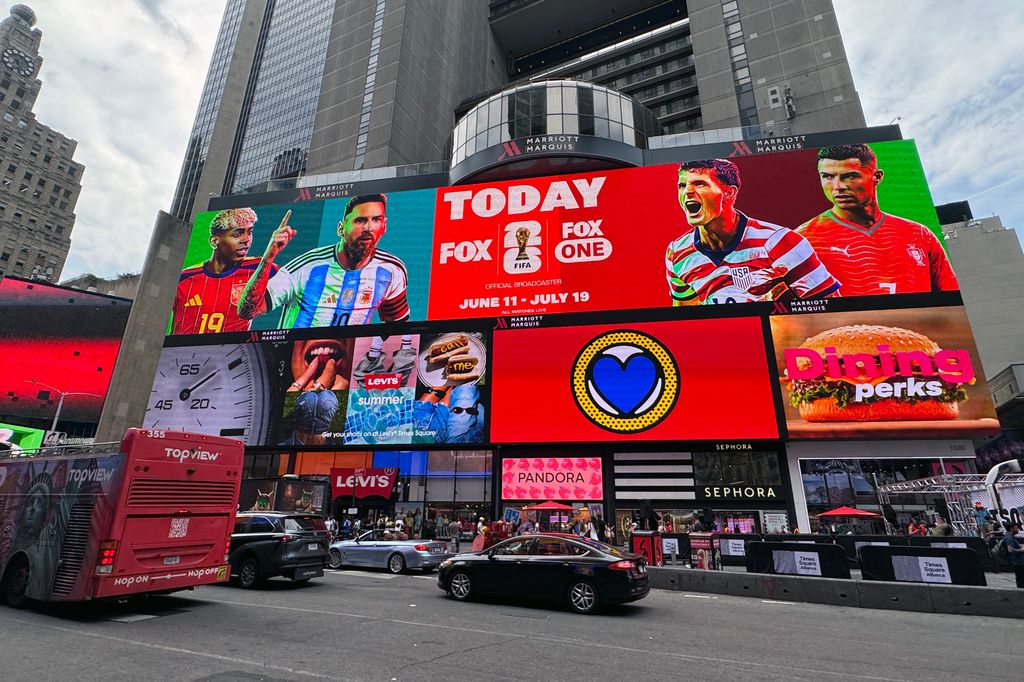 Las imágenes de Leo Messi y Lamine Yamal presidieron Times Square pocos días antes de la gran final del Mundial, que se disputará precisamente en Nueva York