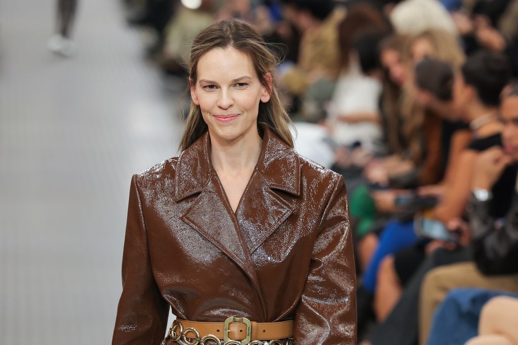 PARIS, FRANCE - OCTOBER 01: (EDITORIAL USE ONLY - For Non-Editorial use please seek approval from Fashion House) Hilary Swank walks the runway during the Miu Miu Paris Womenswear Spring-Summer 2025 show as part of Paris Fashion Week on October 01, 2024 in Paris, France. (Photo by Victor Boyko/Getty Images)