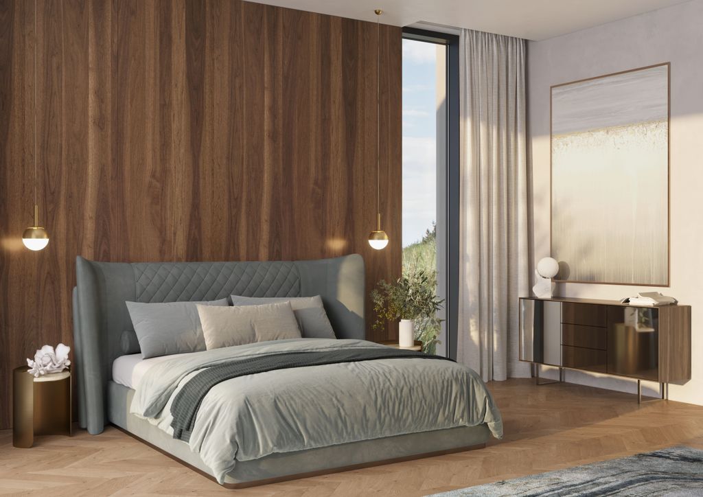 Dormitorio con pared de madera