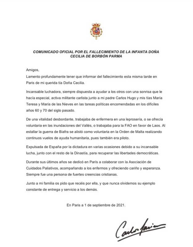 Cecilia de Borbón y Parma, prima de Felipe VI, fallece a los 86 años