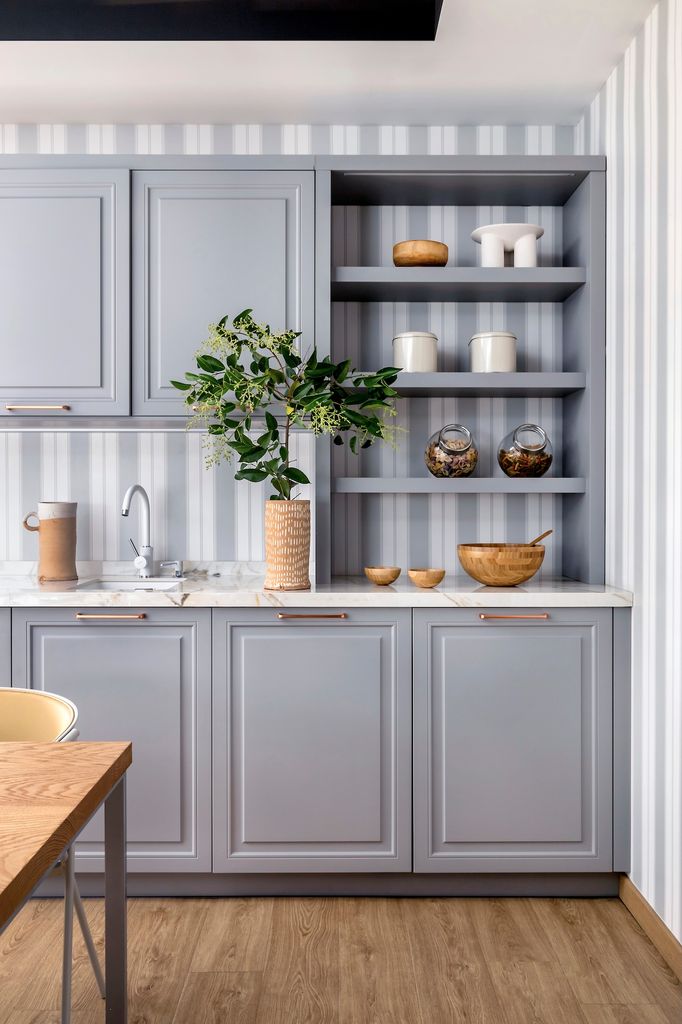 Cocina clásica con muebles en gris. 