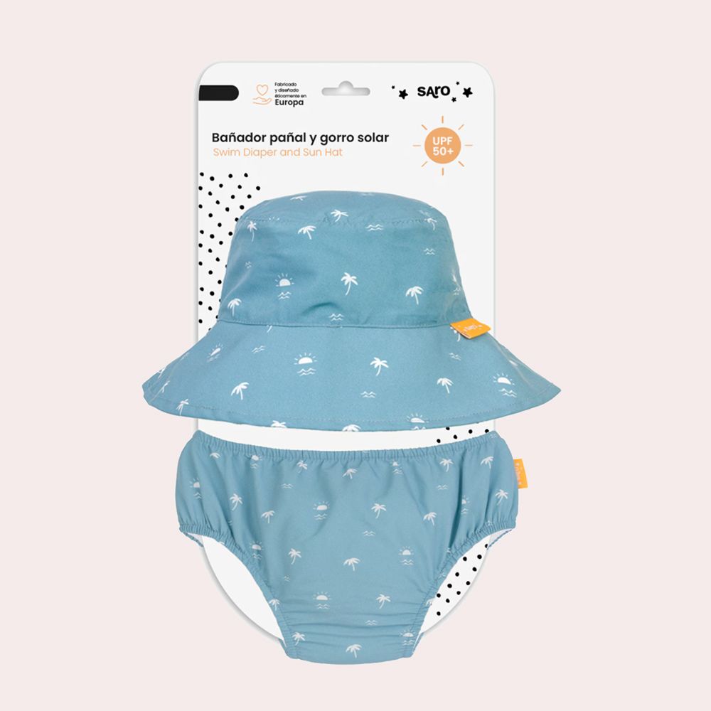 Set bañador pañal + gorro upf 50 Saro colección Sea la Vie Esmeralda Azul