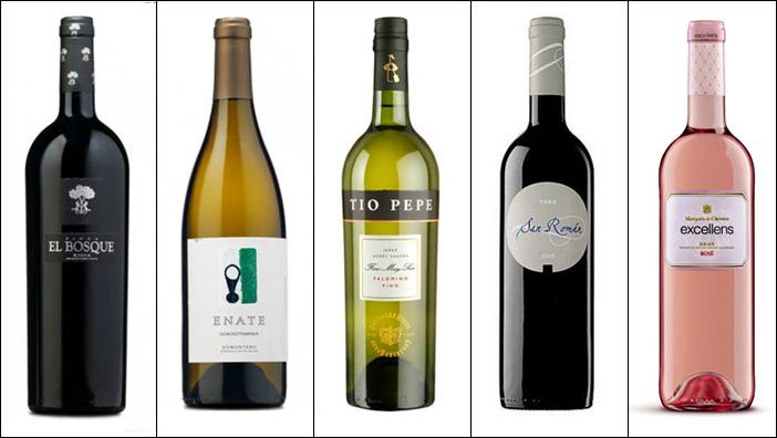 De izquierda a derecha: 'Finca El Bosque 2010'; 'Enate Gewürztraminer 2014 Blanco'; 'Fino Tío Pepe'; 'San Román 2011' y 'Marqués de Cáceres Excellens Rosado 2014'.
