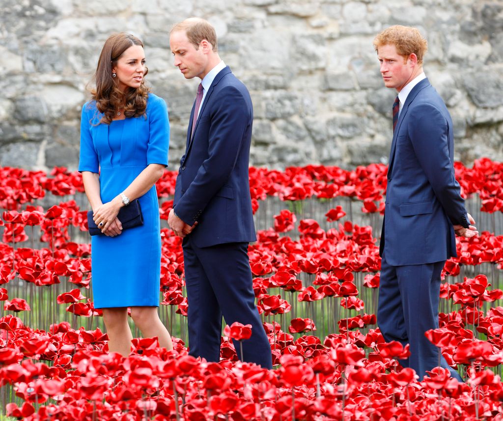 Los entonces duques de Cambridge y el príncipe Harry en la instalación que se dispuso en la Torre de Londres para marcar el final de la Primera Guerra Mundial en el año 2014