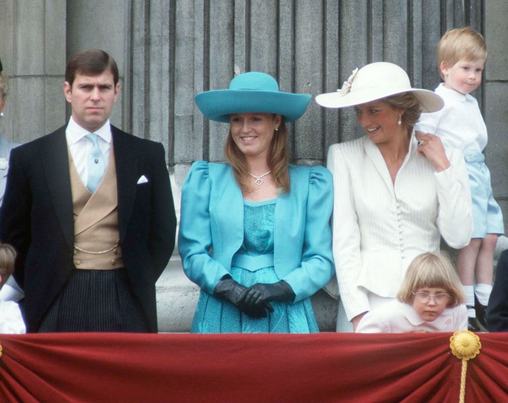 LONDON, UNITED KINGDOM - JUNE 13:  (l To R) Prince Andrew, Sarah Duchess Of York, Princess Diana And Prince Harry On The Balcony Of Buckingham Palace For Trooping The Colour. She is wearing a hat by Philip Somerville.  (Photo by Tim Graham Photo Library via Getty Images)