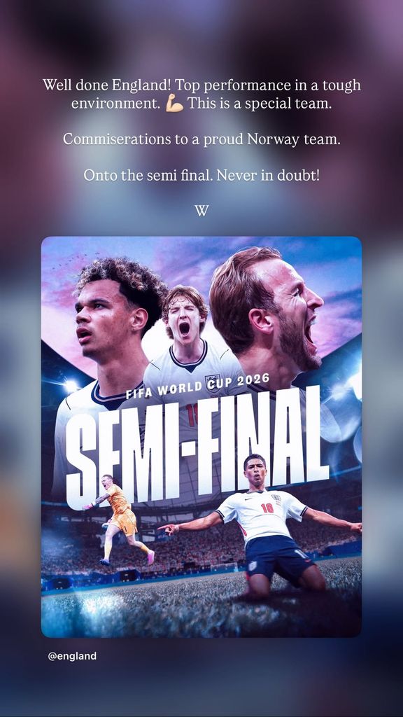 Felicitación de Guillermo de Inglaterra a la selección por su pase a semifinales