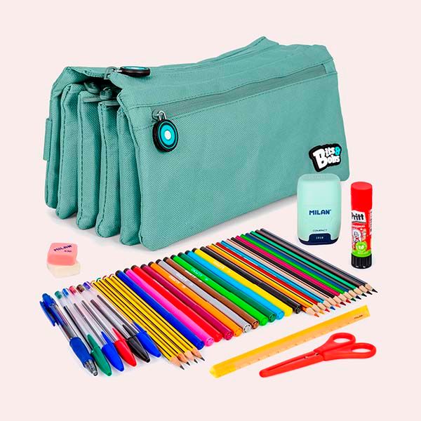 ColePack Lote de Estuche Portatodo Cuádruple con 4 Cremalleras y Material Escolar de Primeras Marcas 