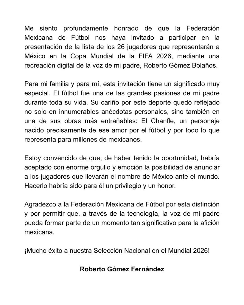 El mensaje de Roberto Gómez Fernández sobre el homenaje a su padre.