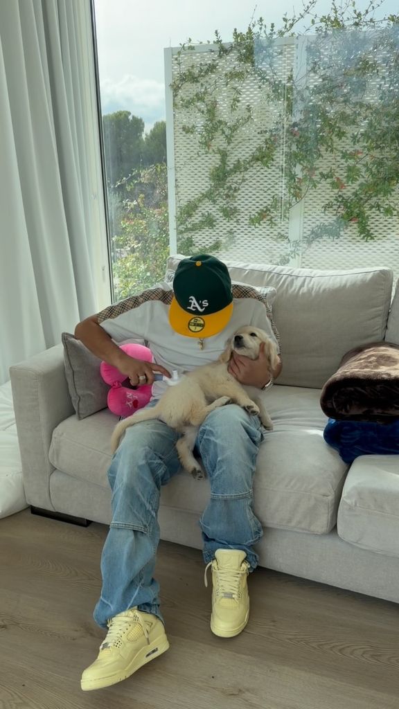 Mounir cepillando a uno de los cachorros de Lamine Yamal e Inés García