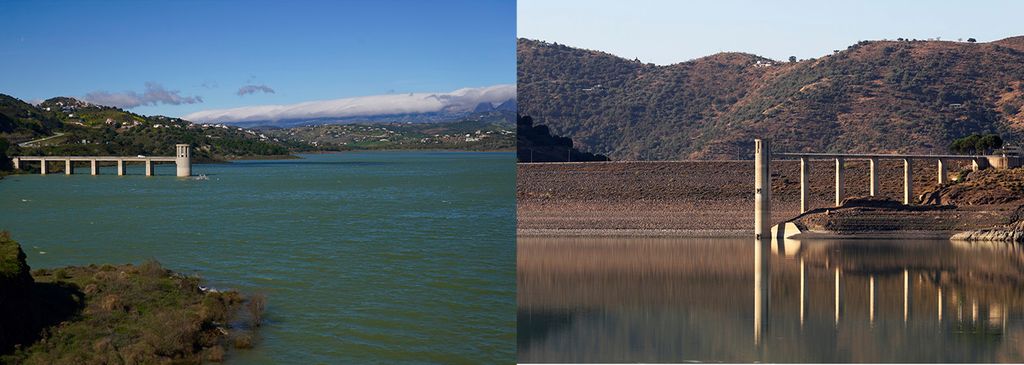 Imagen comparativa del embalse de La Viñuela (Málaga) el 17 de febrero de 2026, que muestra la evolución de sus reservas respecto a enero de 2024, cuando marcó su mínimo histórico con apenas un 7 % de su capacidad