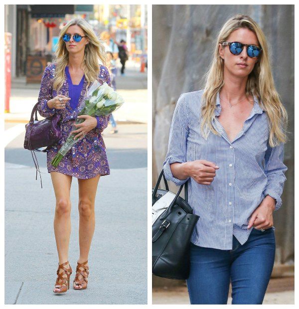 Nicky Hilton es una experta en combinar básicos que ceden todo el protagonismo a sus gafas de sol de espejo.

