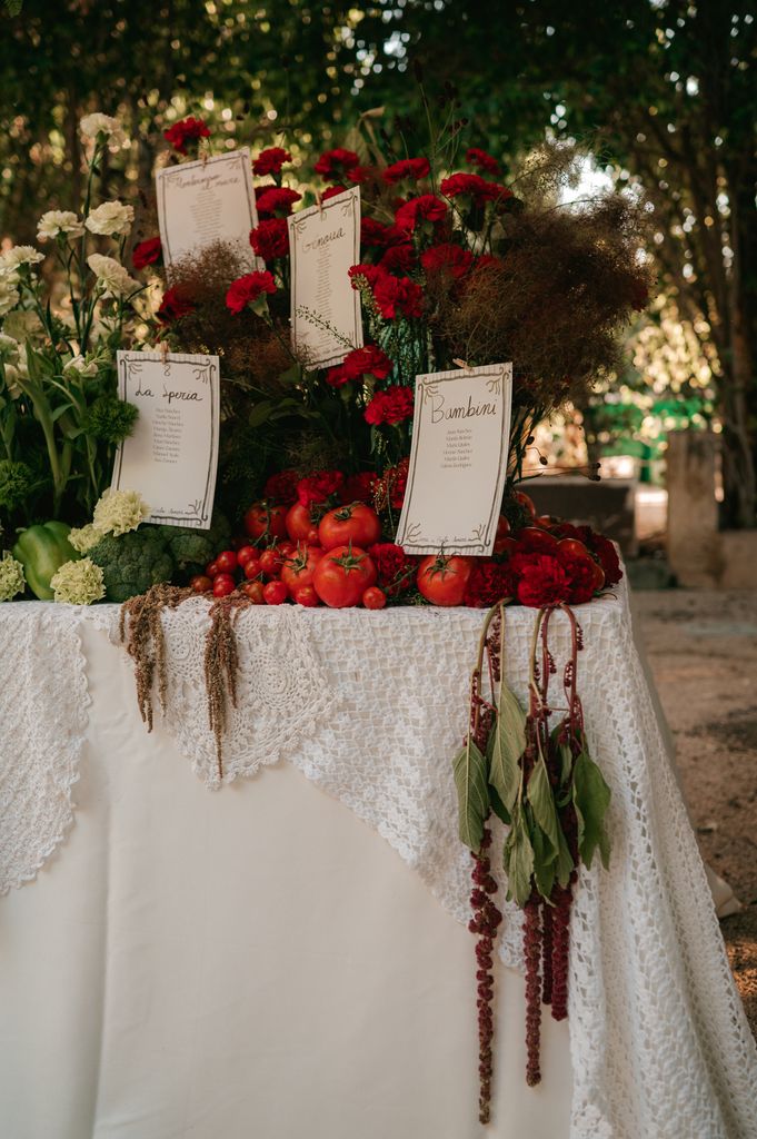Seating plan con verduras y claveles