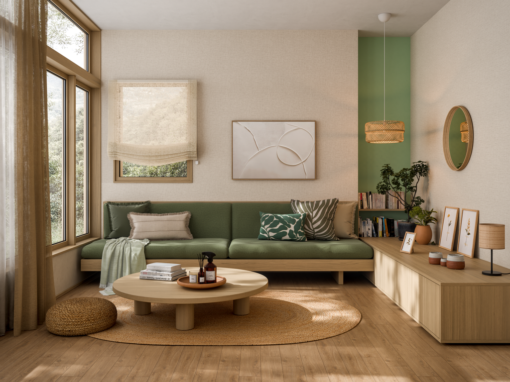 Salón decorado con muebles de madera, fibra y tonos verdes