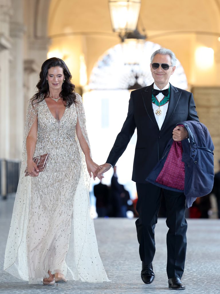 ROME, ITALY - APRIL 09: Veronica Berti and Andrea Bocelli during day three of King Charles III and Queen Camilla's State visit to The Republic of Italy on April 09, 2025 in Rome, Italy. Their Majesties will attend a State Banquet at the Palazzo Quirinale, hosted by The President. (Photo by Chris Jackson/Getty Images)