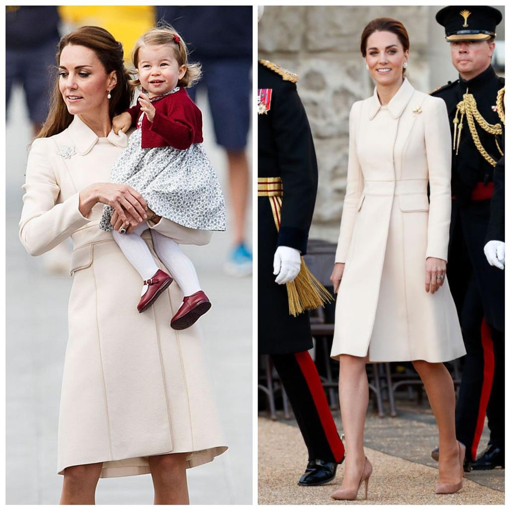 kate middleton con abrigo color crema de catherine walker en 2016 y 2019
